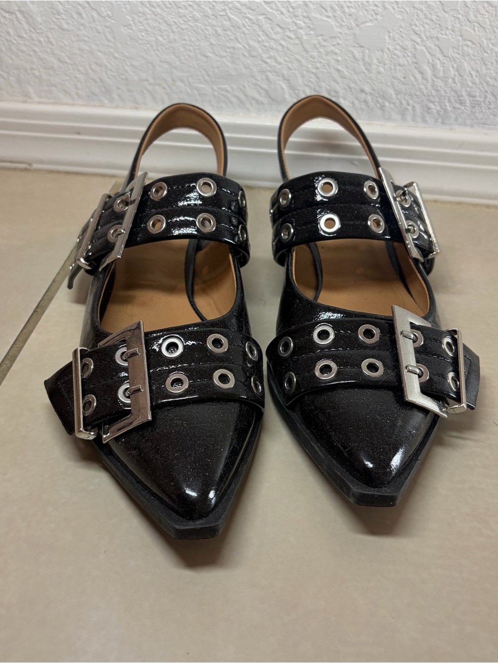 Women’s Black Pointed Slingback Flats with Buckle Detail